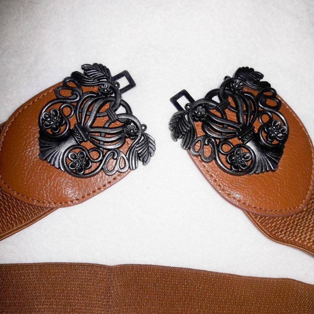 Antiqued Silver Coffee Brown Elastic Waist Belt - Picture 4 of 6